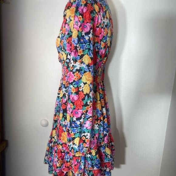 Floral V Neck Long Puff Sleeve Boho Peasant Ruffle Mini Dress Size Small Hippie - Picture 8 of 9